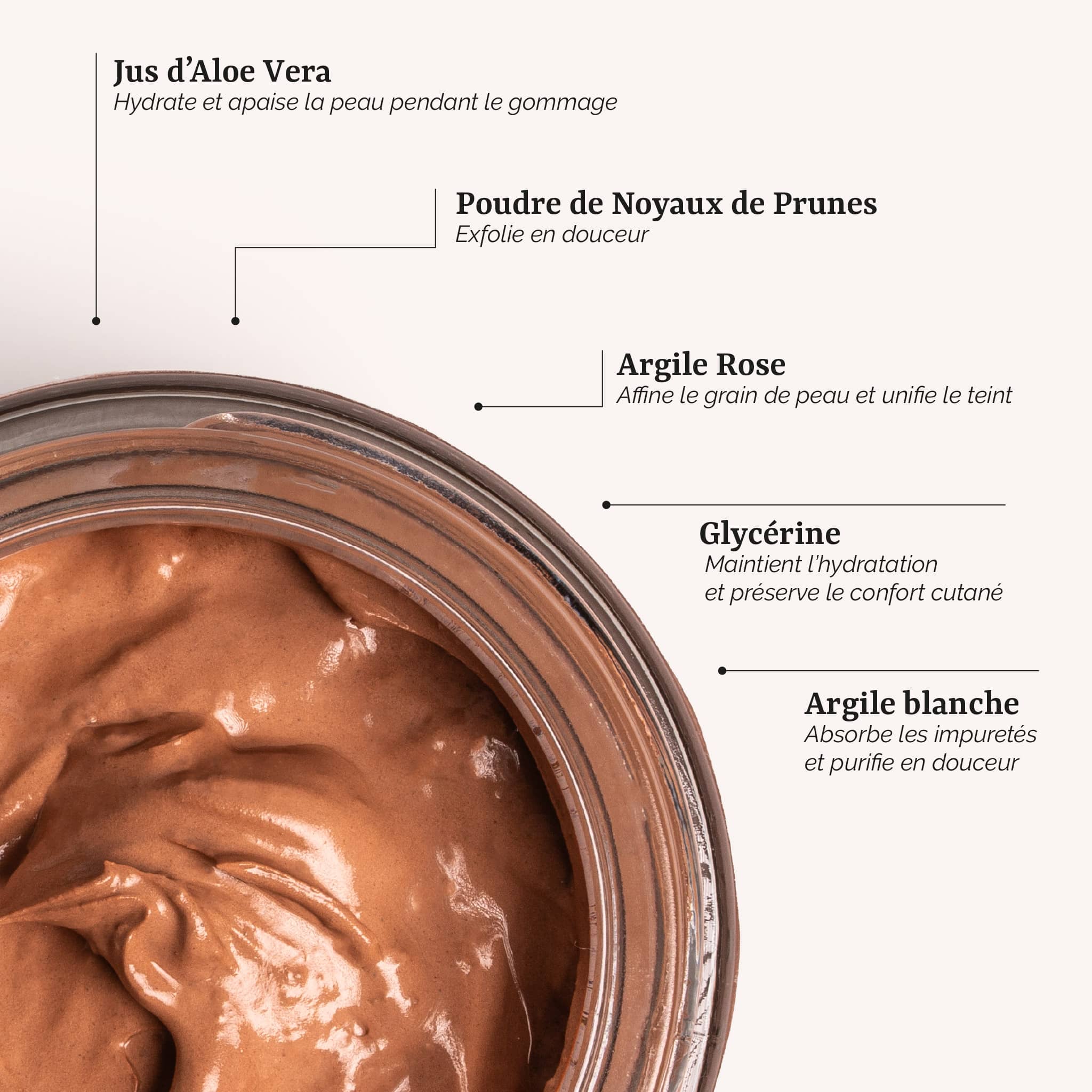 présentation des actifs du gommage doux visage : un soin visage naturel et bio à l'argile rose à l'aloe vera, fabrication artisanale en France par Galilée Guyenne