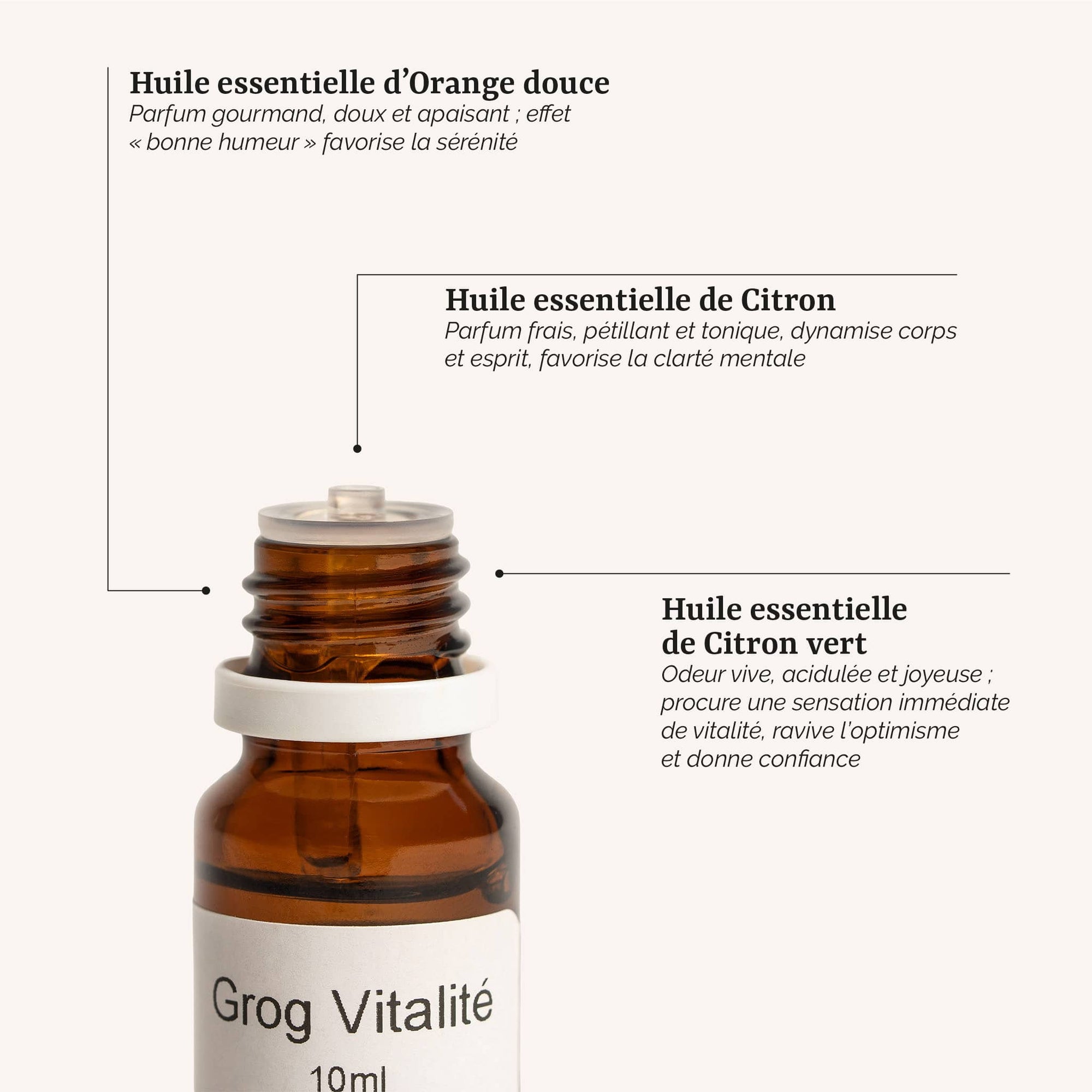 présentation des actifs du grog vitalité : un grog aromatique aux huiles essentielles de citron et citron vert, fabrication artisanale en France par Galilée Guyenne