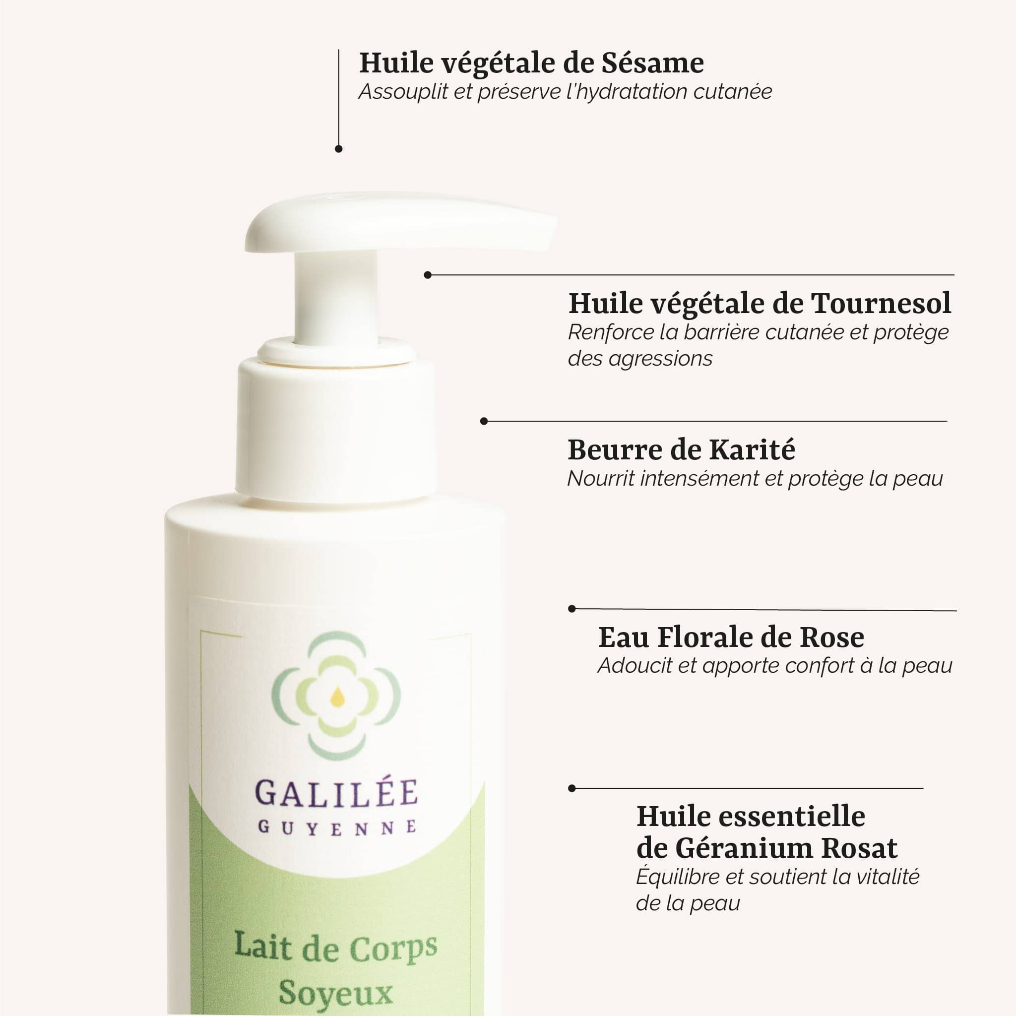 présentation des actifs du Lait de Corps Soyeux : un soin hydratant pour le corps au beurre de karité et à l'huile essentielle de géranium, fabrication artisanale en France par Galilée Guyenne