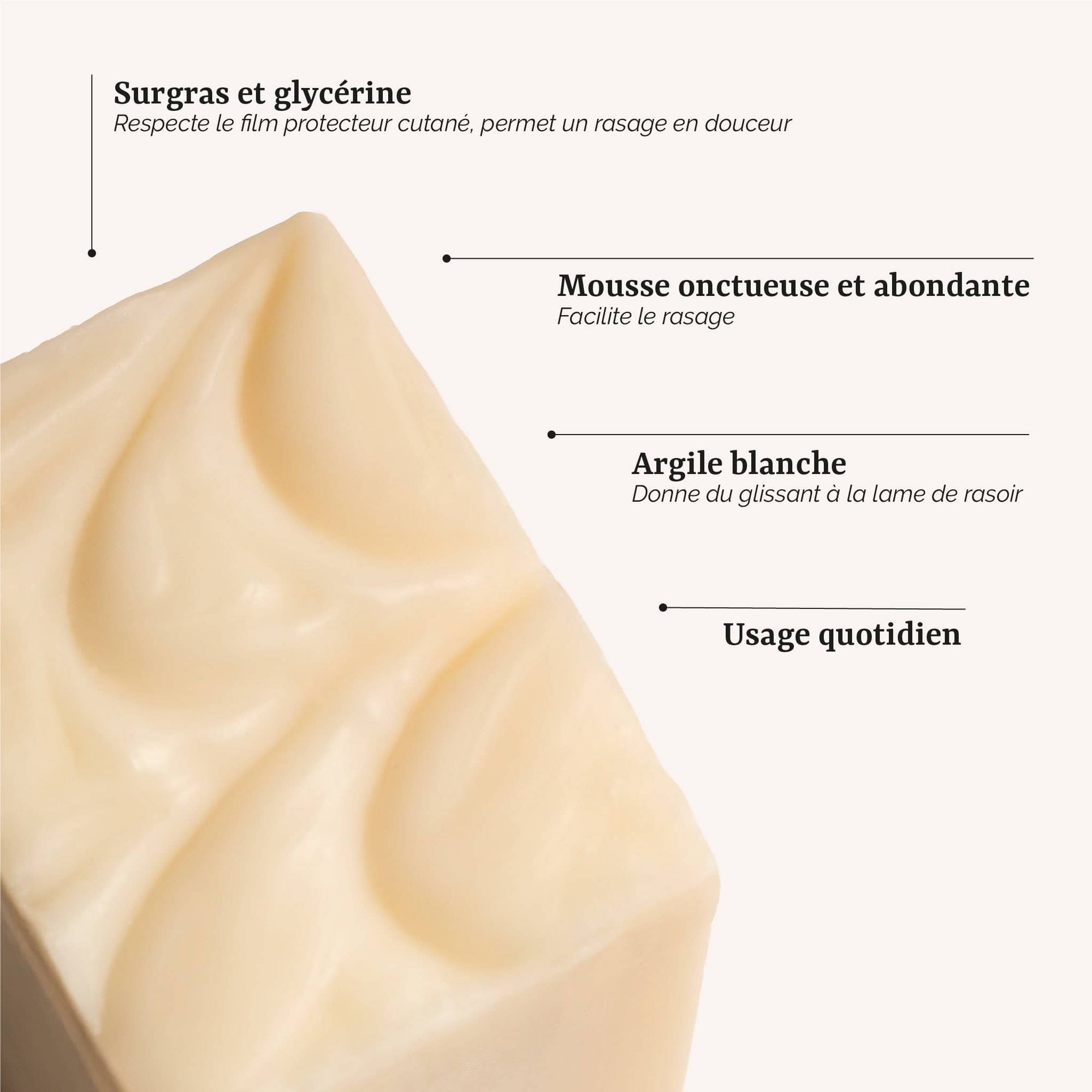 présentation du savon à barbe : un soin surgras et artisanal à l'argile blanche, fabrication artisanale en France par Galilée Guyenne