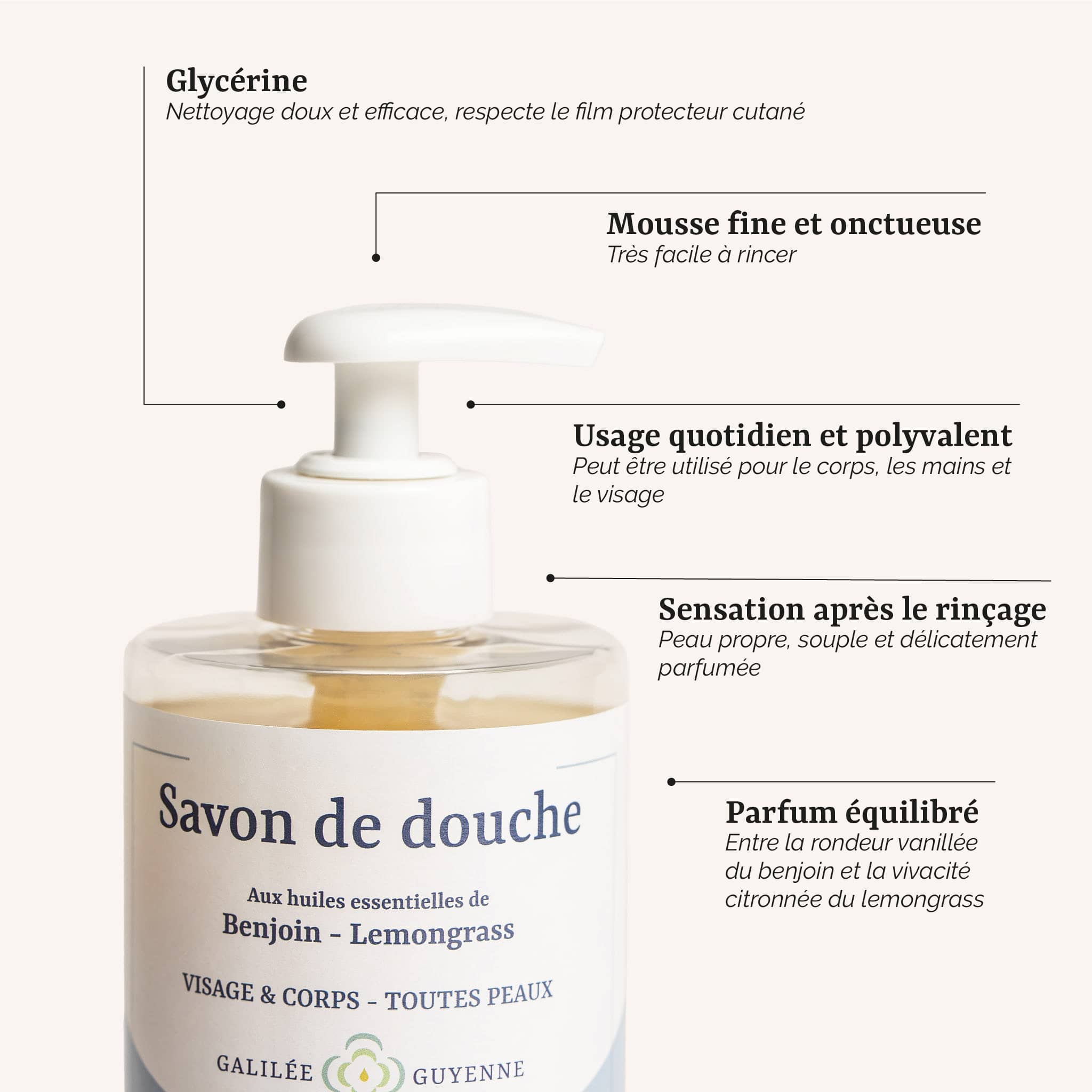 présentation du savon de douche Galilée Guyenne : un savon liquide artisanal pour le visage et le corps au benjoin et lemongrass, fabrication artisanale en France