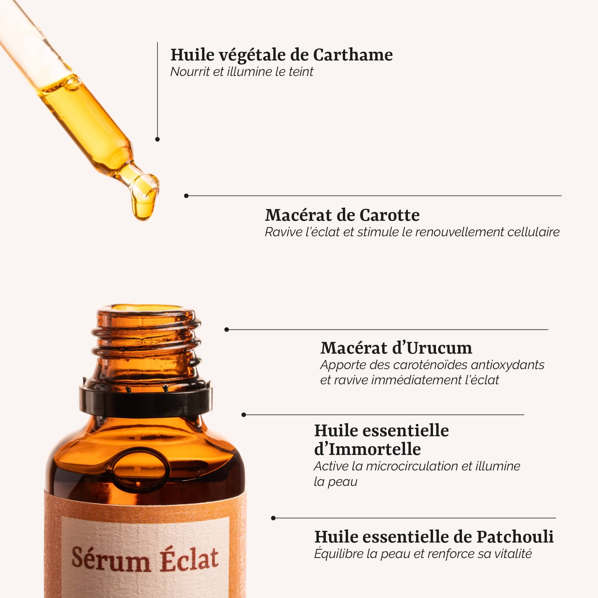 présentation des actifs du Sérum Éclat : un soin visage naturel et bio à l'urucum et au patchouli, fabrication artisanale en France par Galilée Guyenne