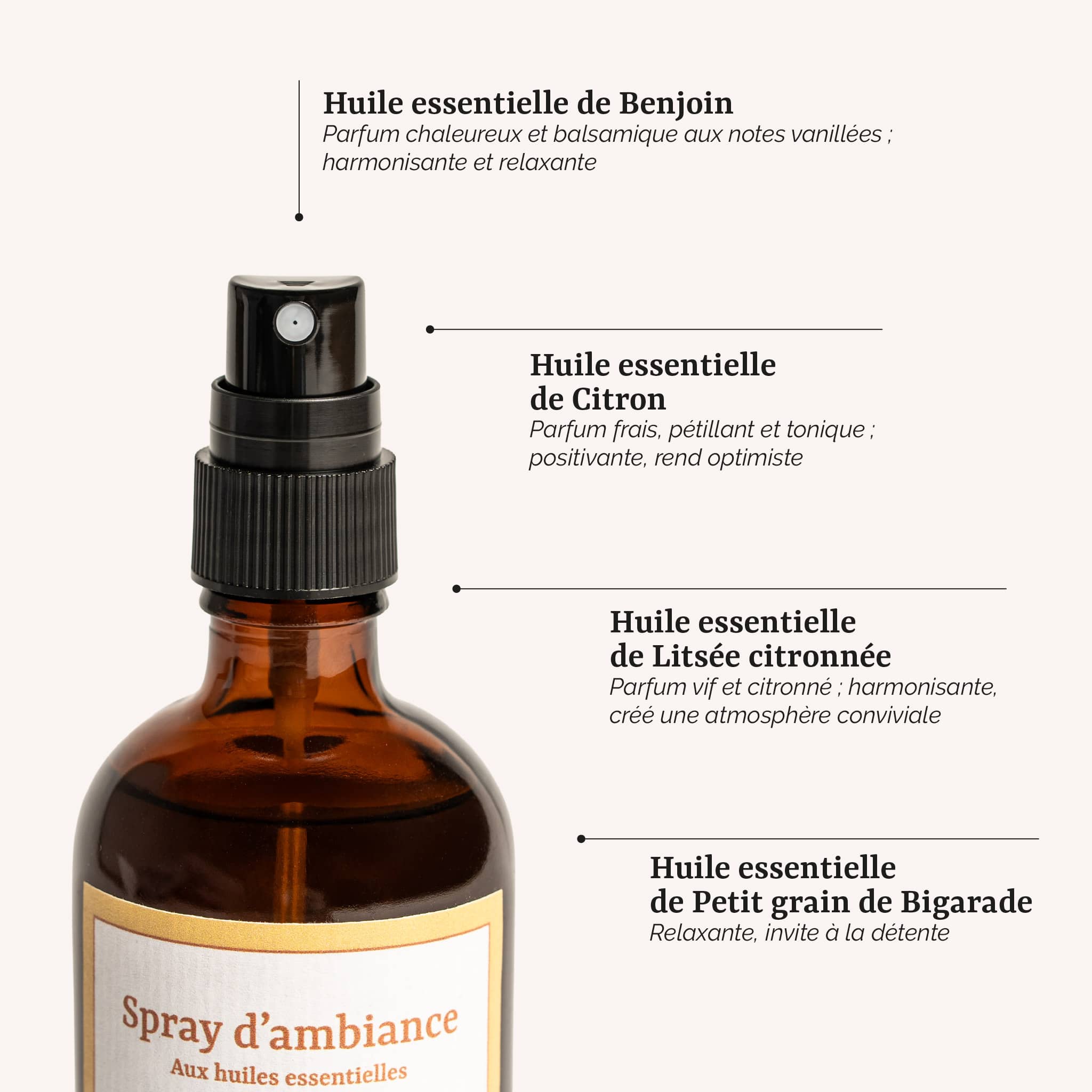 présentation des actifs du spray d'ambiance litsée benjoin : un parfum d'intérieur aux huiles essentielles de litsée citronnée et de benjoin, fabrication artisanale en France par Galilée Guyenne