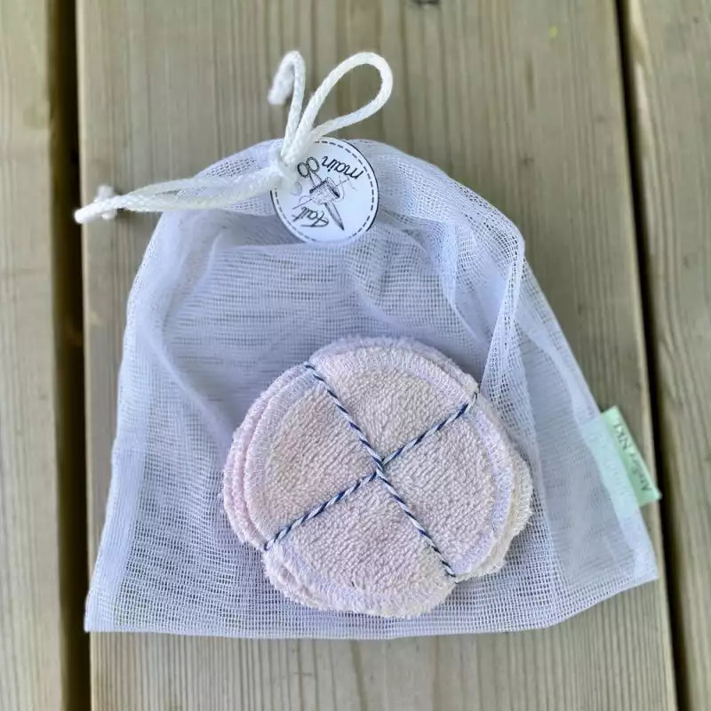 cotons à démaquiller lavables en tissu double face bouclette et microfibre avec sac de lavage, fabrication francaise, atelier NKL, galilee guyenne