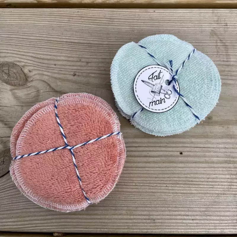 cotons à démaquiller lavables en tissu double face bouclette et microfibre, orange et vert, fabrication francaise, atelier NKL, galilee guyenne