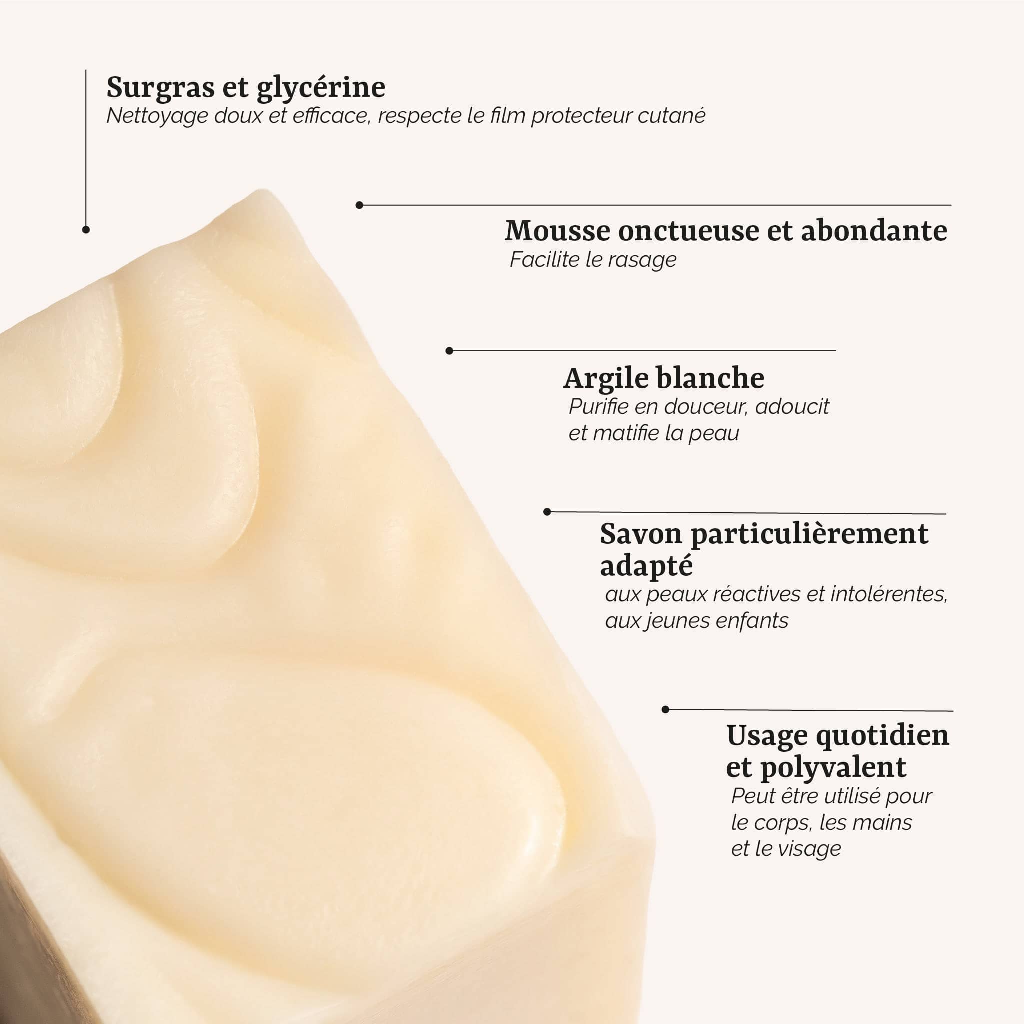 présentation du savon karité sans parfum pour peaux sensibles : un soin surgras et artisanal à l'argile blanche, fabrication artisanale en France par Galilée Guyenne