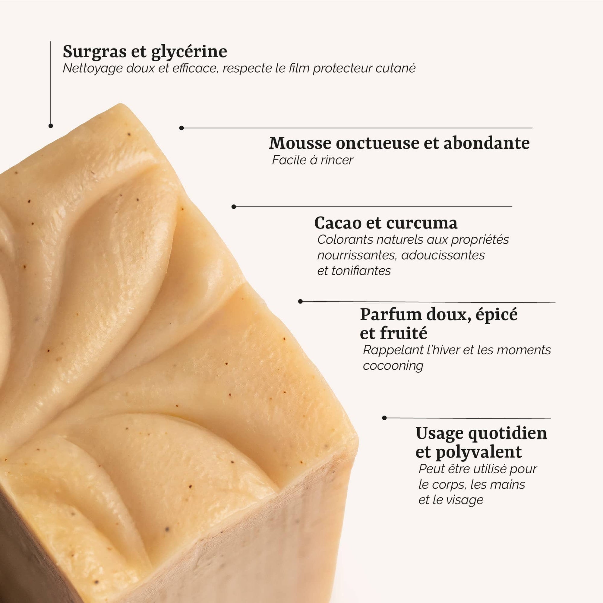 présentation du savon orange douce et cannelle : un soin surgras et artisanal aux cacao et curcuma, fabrication artisanale en France par Galilée Guyenne
