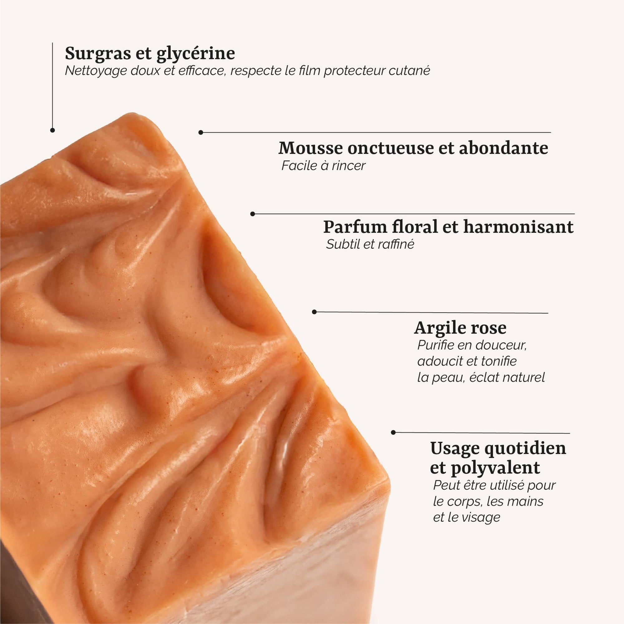 présentation du savon palmarosa et argile rose : un savon solide surgras et artisanal à l'argile rose, fabrication artisanale en France par Galilée Guyenne