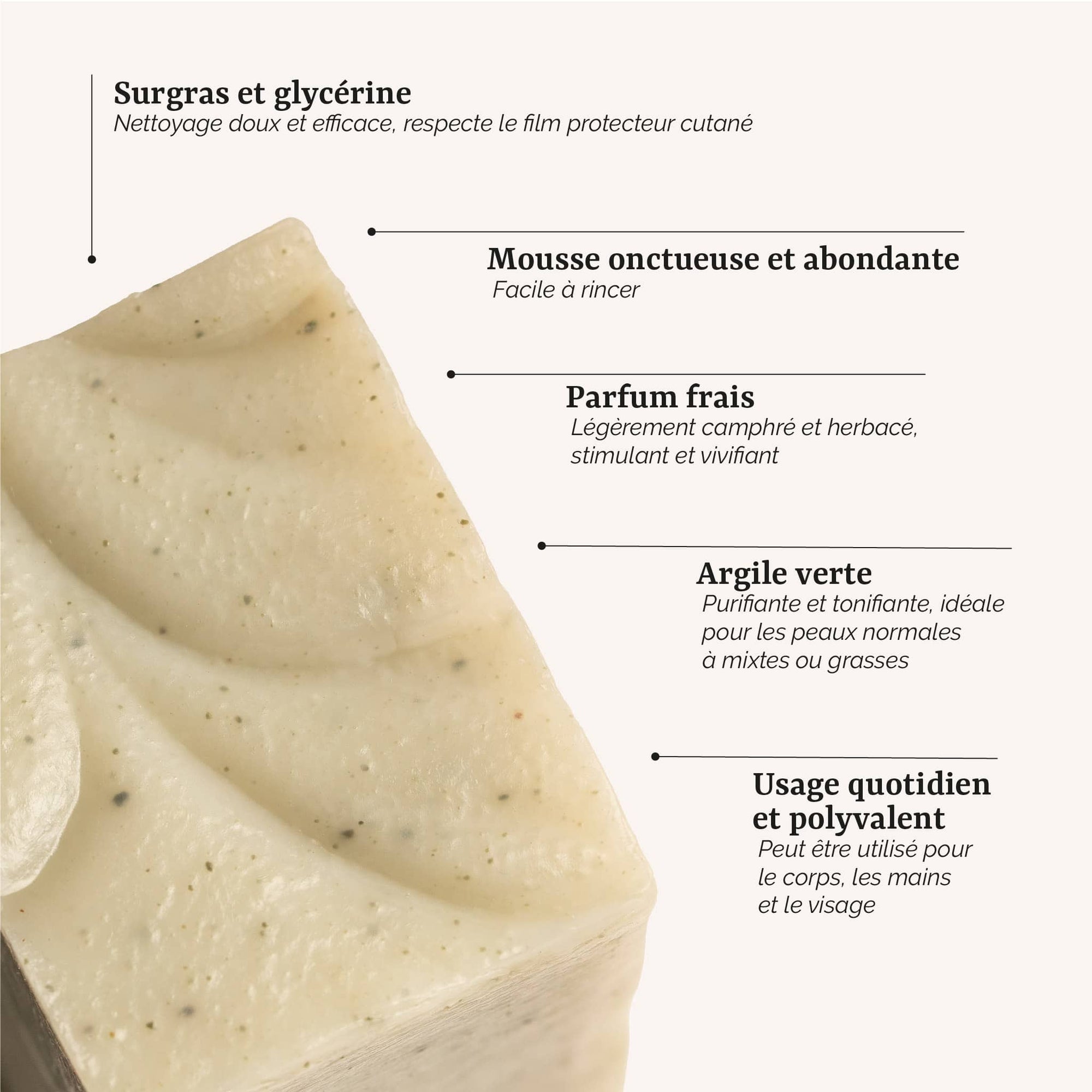 présentation du savon romarin et argile verte Galilée Guyenne : un soin surgras et artisanal à l'argile verte pour les peaux mixtes et grasses, fabrication artisanale en France