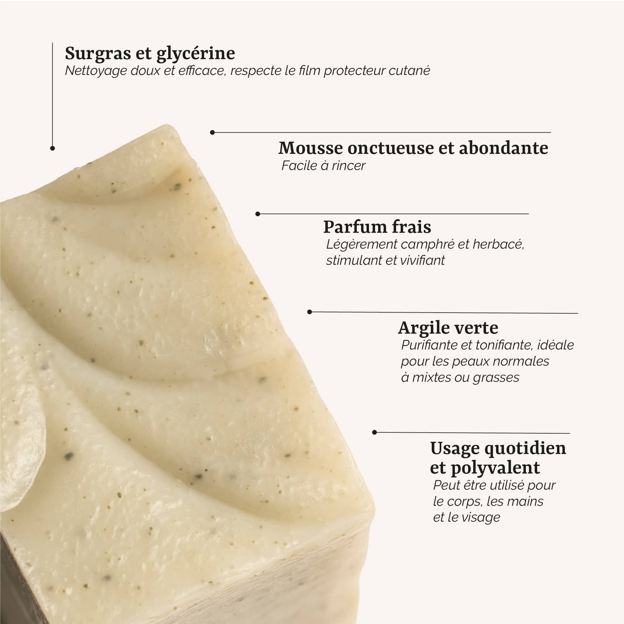 présentation du savon romarin et argile verte Galilée Guyenne : un soin surgras et artisanal à l'argile verte pour les peaux mixtes et grasses, fabrication artisanale en France