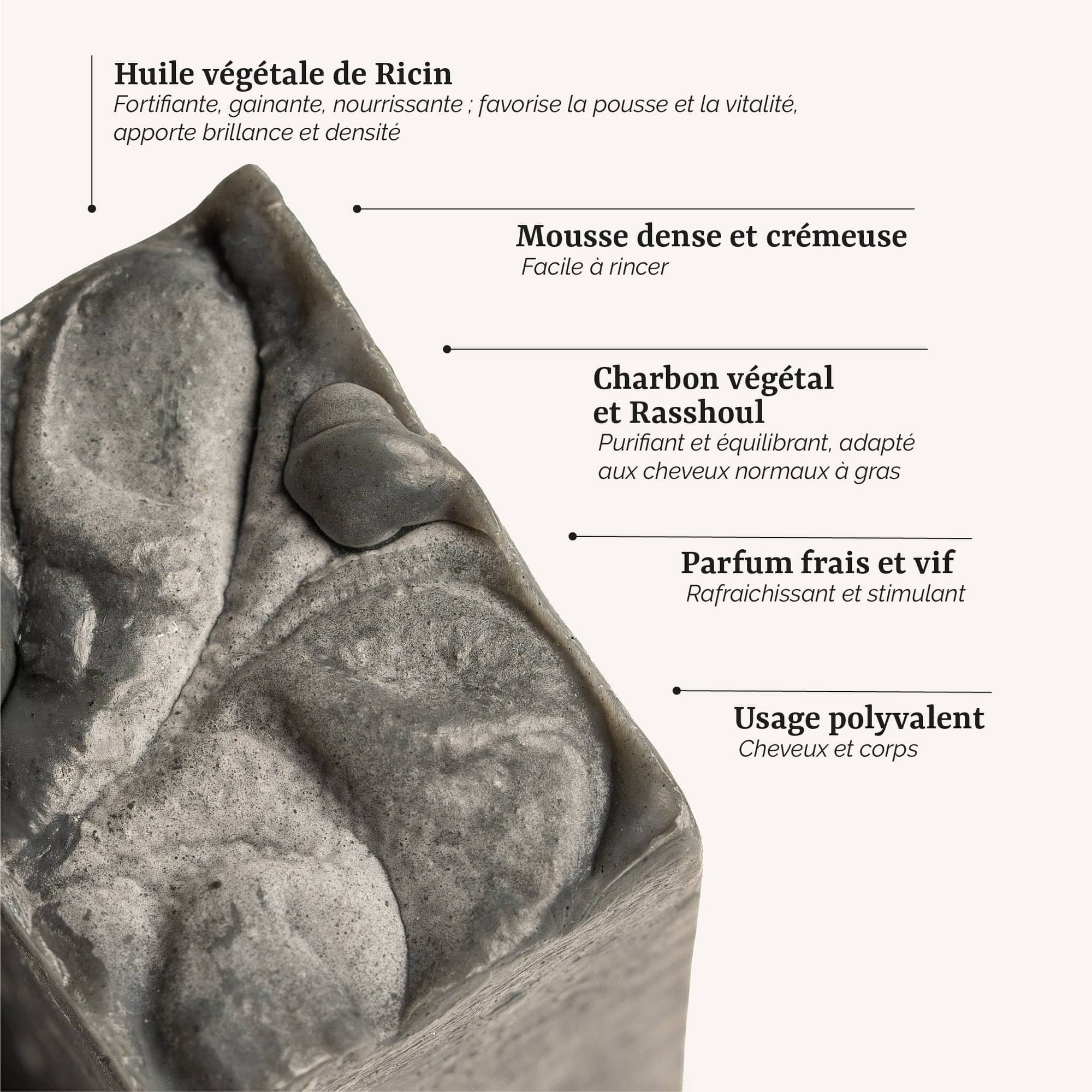présentation du shampoing solide pour cheveux gras : un soin surgras et artisanal à l'huile de ricin et au charbon végétal, fabrication artisanale en France par Galilée Guyenne