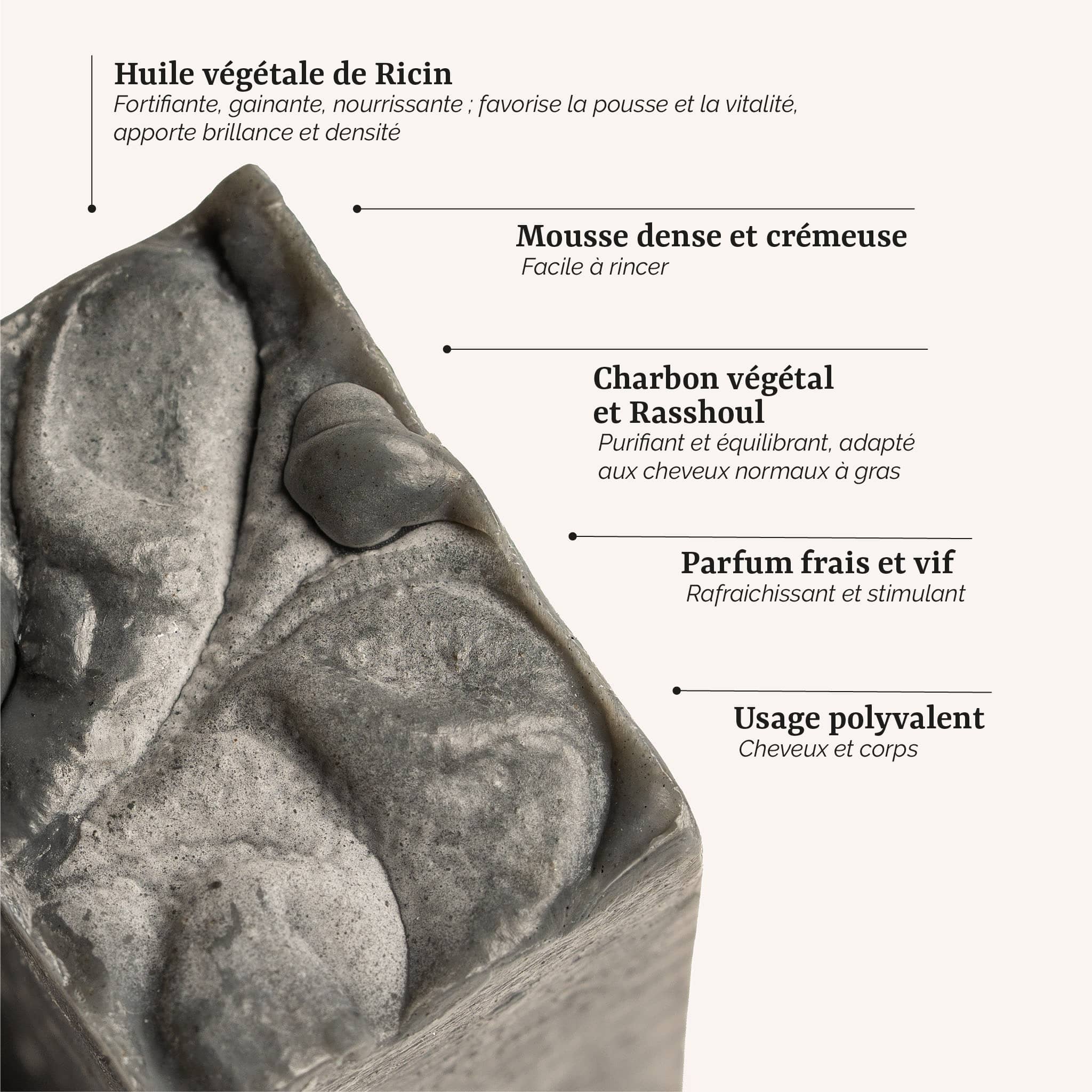 présentation du shampoing solide pour cheveux gras : un soin surgras et artisanal à l'huile de ricin et au charbon végétal, fabrication artisanale en France par Galilée Guyenne